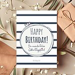 Geburtstagskarte Happy Birthday im XL-Format – ausgefallene Geburtstagskarte im maritimen Design mit süßem Schiffchen und Streifen; und liebevollem Text zum Geburtstag | 12 x 17,5 cm | 300 g/m² | Vorderseite Hochglanz beschichtet | weiß, blau, rot Kuestenglueck