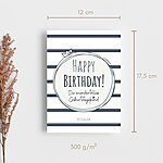 Geburtstagskarte Happy Birthday im XL-Format – ausgefallene Geburtstagskarte im maritimen Design mit süßem Schiffchen und Streifen; und liebevollem Text zum Geburtstag | 12 x 17,5 cm | 300 g/m² | Vorderseite Hochglanz beschichtet | weiß, blau, rot, Kuestenglueck