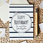 Geburtstagskarte Happy Birthday im XL-Format – ausgefallene Geburtstagskarte im maritimen Design mit süßem Schiffchen und Streifen; und liebevollem Text zum Geburtstag | 12 x 17,5 cm | 300 g/m² | Vorderseite Hochglanz beschichtet | weiß, blau, rot Kuestenglueck