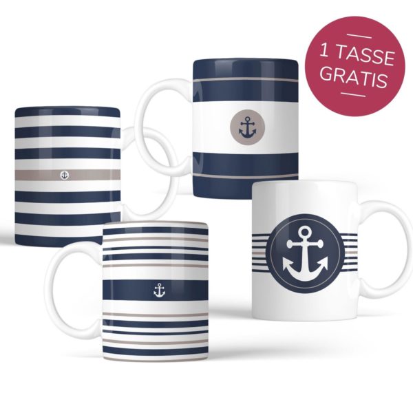 4er Set Tassen Maritim Anker Streifen Blau Weiß Elegant 4er Starter Kuestenglueck