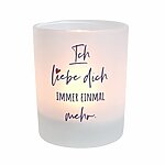 Kuestenglueck Windlicht Liebe romantische Geschenkidee für Paare und Verliebte. Beidseitig bedrucktes Windlicht Liebe Spruch: Ich liebe dich immer einmal mehr. Teelichthalter aus Glas, weiß, blau, rot