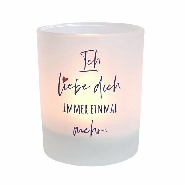 Kuestenglueck Windlicht Liebe romantische Geschenkidee für Paare und Verliebte. Beidseitig bedrucktes Windlicht Liebe Spruch: Ich liebe dich immer einmal mehr. Teelichthalter aus Glas, weiß, blau, rot