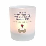 Kuestenglueck Windlicht Lieblingsmensch – beidseitig bedruckt mit dem zauberhaften Spruch: Es ist nicht wichtig, was wir haben, sondern wen. Und ich hab dich! – mit süßer Igel Illustration I Teelichthalter aus Glas als Geschenk für Lieblingsmenschen I Windlicht Lieblingsmensch: Höhe 88 mm, ⌀ 72 mm, beige, blau, rot