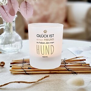 Kuestenglueck Windlicht Hundeglück – beidseitig bedruckt mit dem wunderschönen Spruch: Glück ist einen Freund zu haben, den man Hund nennt. – Ideales Geschenk für Hundebesitzer, Hundemamas und Hundepapas Teelichthalter aus Glas