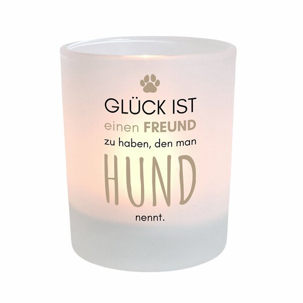 Kuestenglueck Windlicht Hundeglück – beidseitig bedruckt mit dem wunderschönen Spruch: Glück ist einen Freund zu haben, den man Hund nennt. – Ideales Geschenk für Hundebesitzer, Hundemamas und Hundepapas Teelichthalter aus Glas