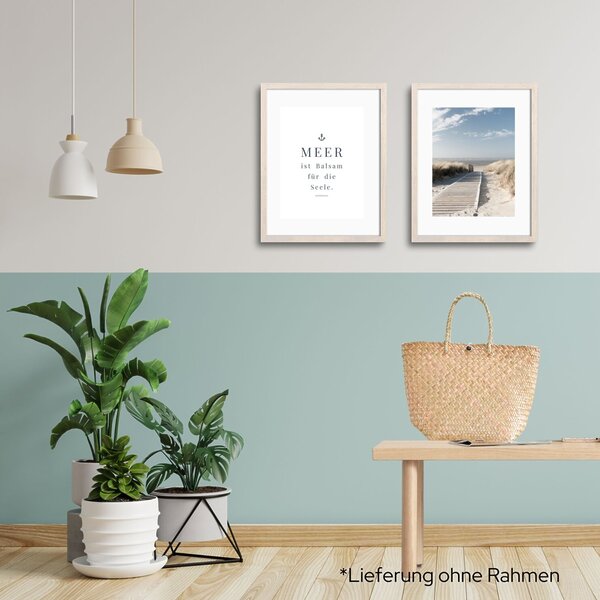 Meer Sprüche Poster-Set Balsam für die Seele I Spruch „Meer ist Balsam für die Seele“ I 2 Stück DIN A4, 210 X 297 mm I Mattes 300 g/m² Fine-Art Premiumpapier I zauberhafte Meer Bilder Wanddeko I Motiv: Strand, Düne, Sand, Meer, Wellen I beige, blau, Schwarz, Boho, Landhaus, Skandi, Lieferung erfolgt ohne Rahmen
